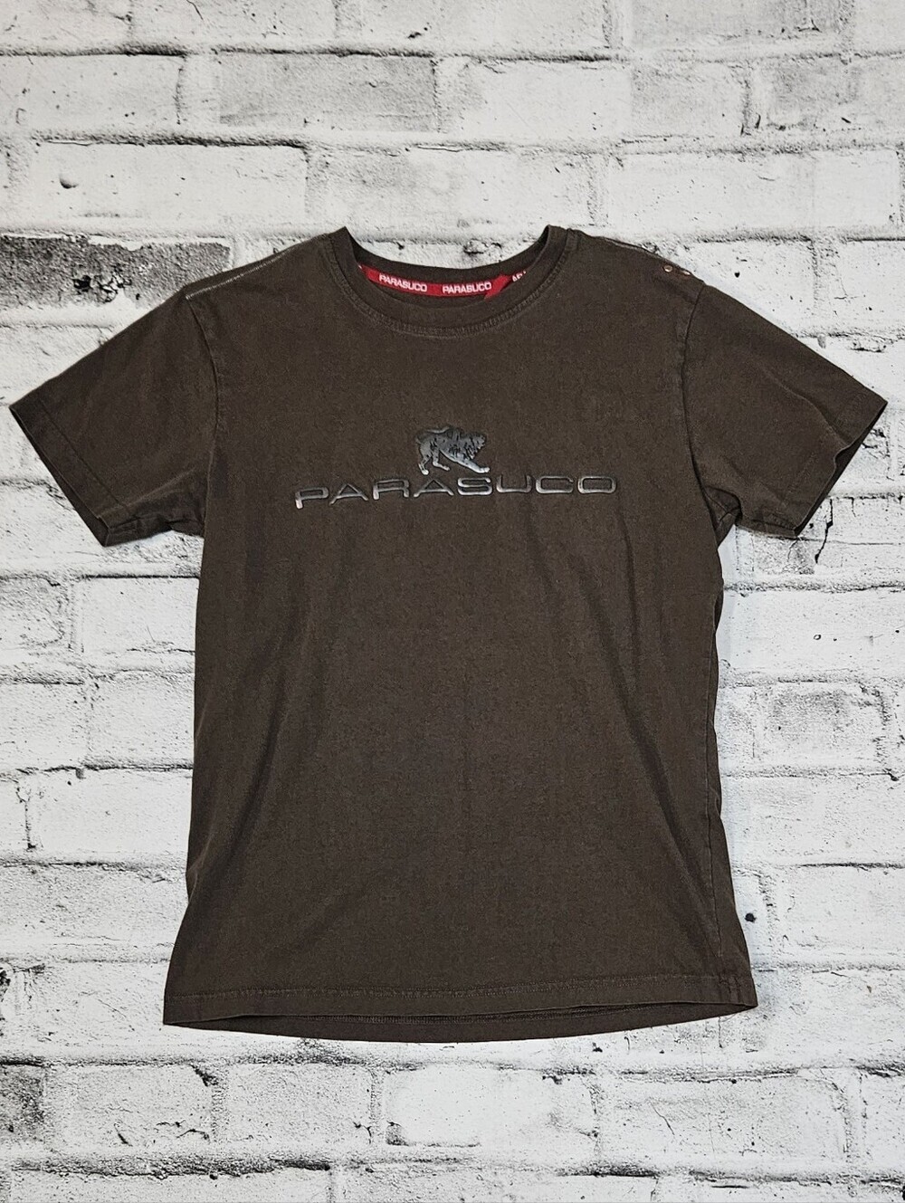 Parasuco Mens Small Brown Logo Graphic T Shirt Y2K Streetwear Crew Neck Tee